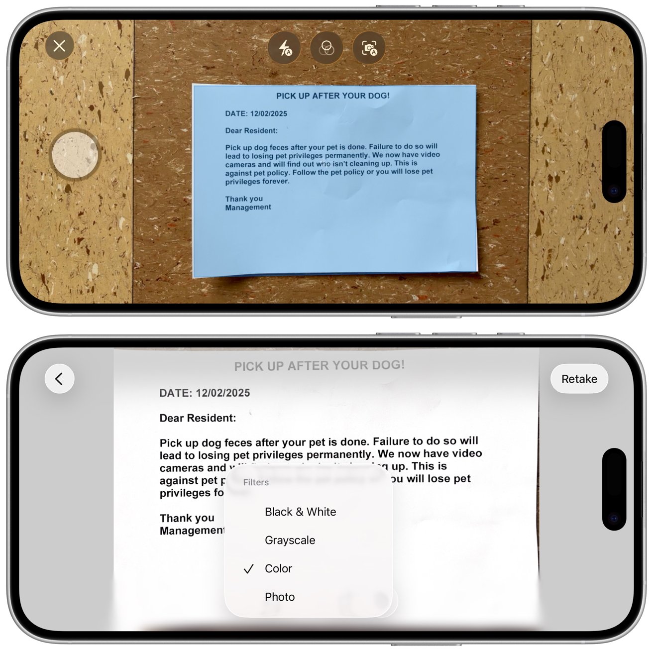 На двух смартфонах отображается уведомление, предупреждающее жителей о необходимости убирать за своими собаками, а также о возможном лишении права содержать домашних животных в случае несоблюдения этого требования.
