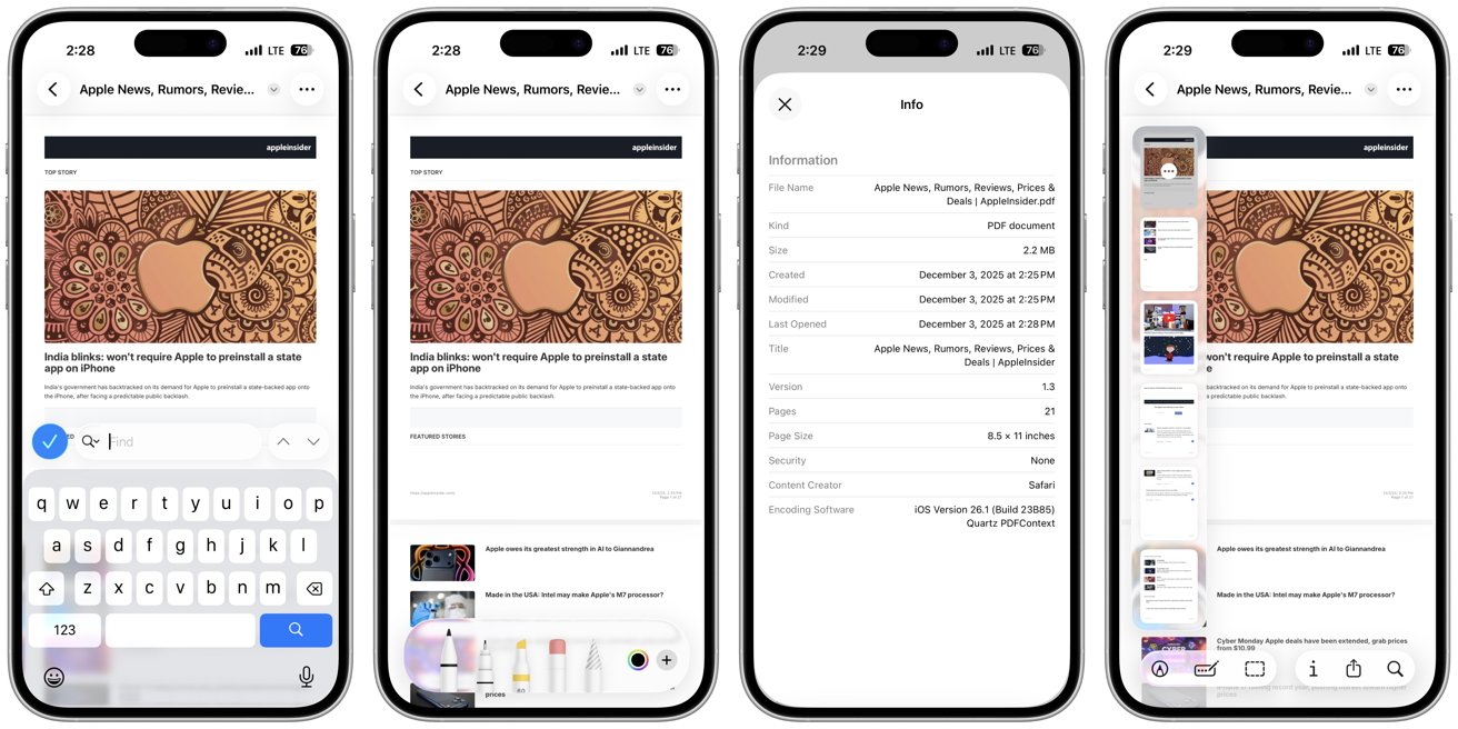 На четырех экранах смартфонов отображается веб-страница с новостями Apple, включающая заголовок статьи, подробную техническую информацию и галерею миниатюр. Также присутствует декоративный логотип Apple.