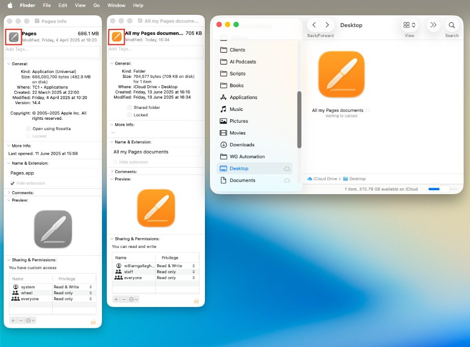 Окно Finder на Mac отображает информацию о файлах приложения «Pages» и папки «Все мои документы Pages». Включает такие сведения, как размер, версия, права доступа и расположение папки.