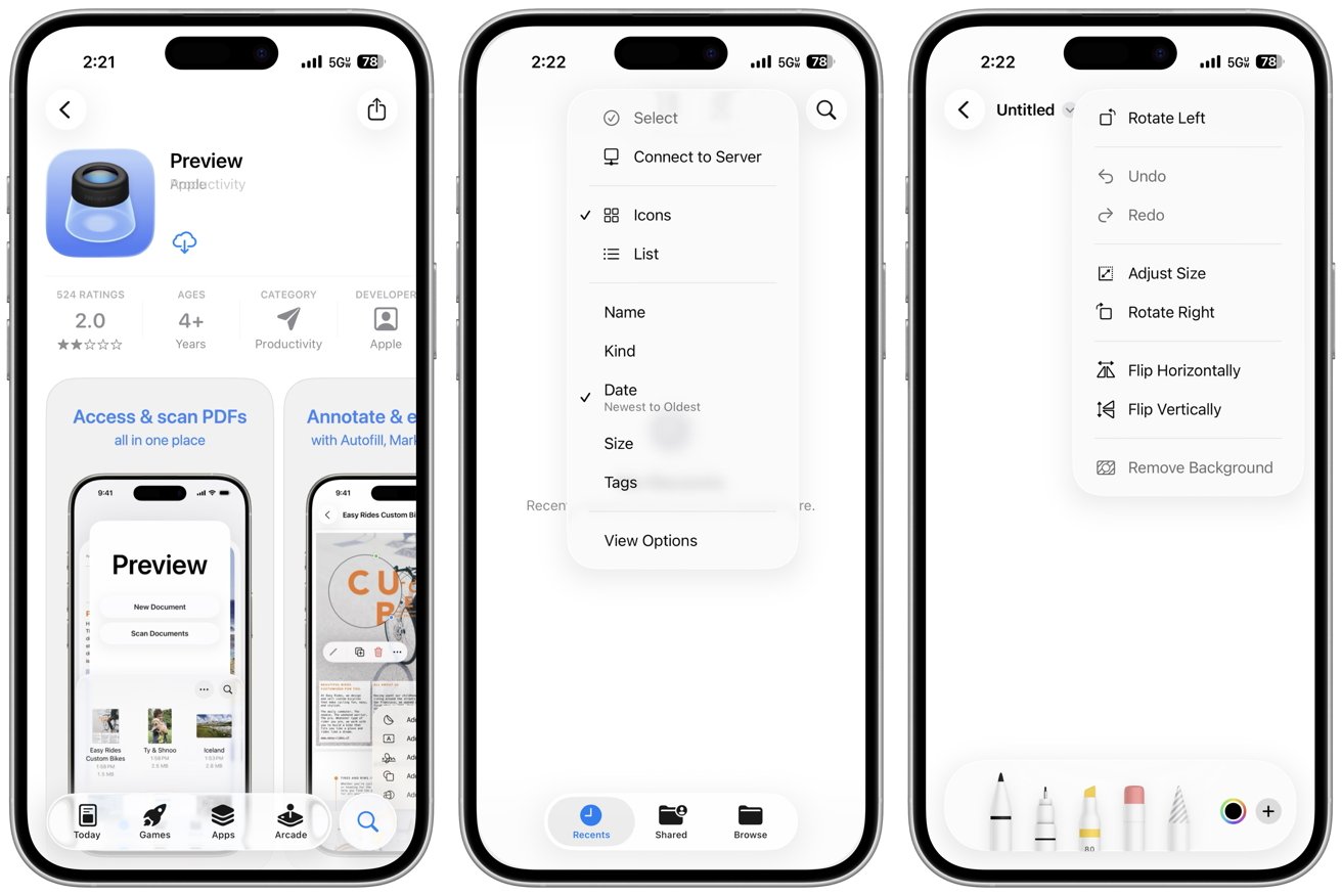На трех экранах смартфона отображается интерфейс приложения для редактирования документов с такими опциями, как поворот, изменение размера и удаление фона. Дизайн лаконичный и удобный для пользователя.